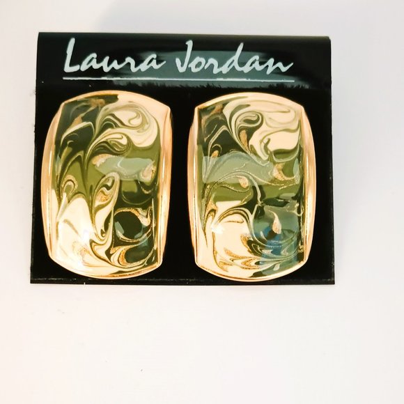 Laura Jordan Vintage Green Swirl Earrings. 1.5"x1"Gold Tone Post Panel - Picture 3 of 3